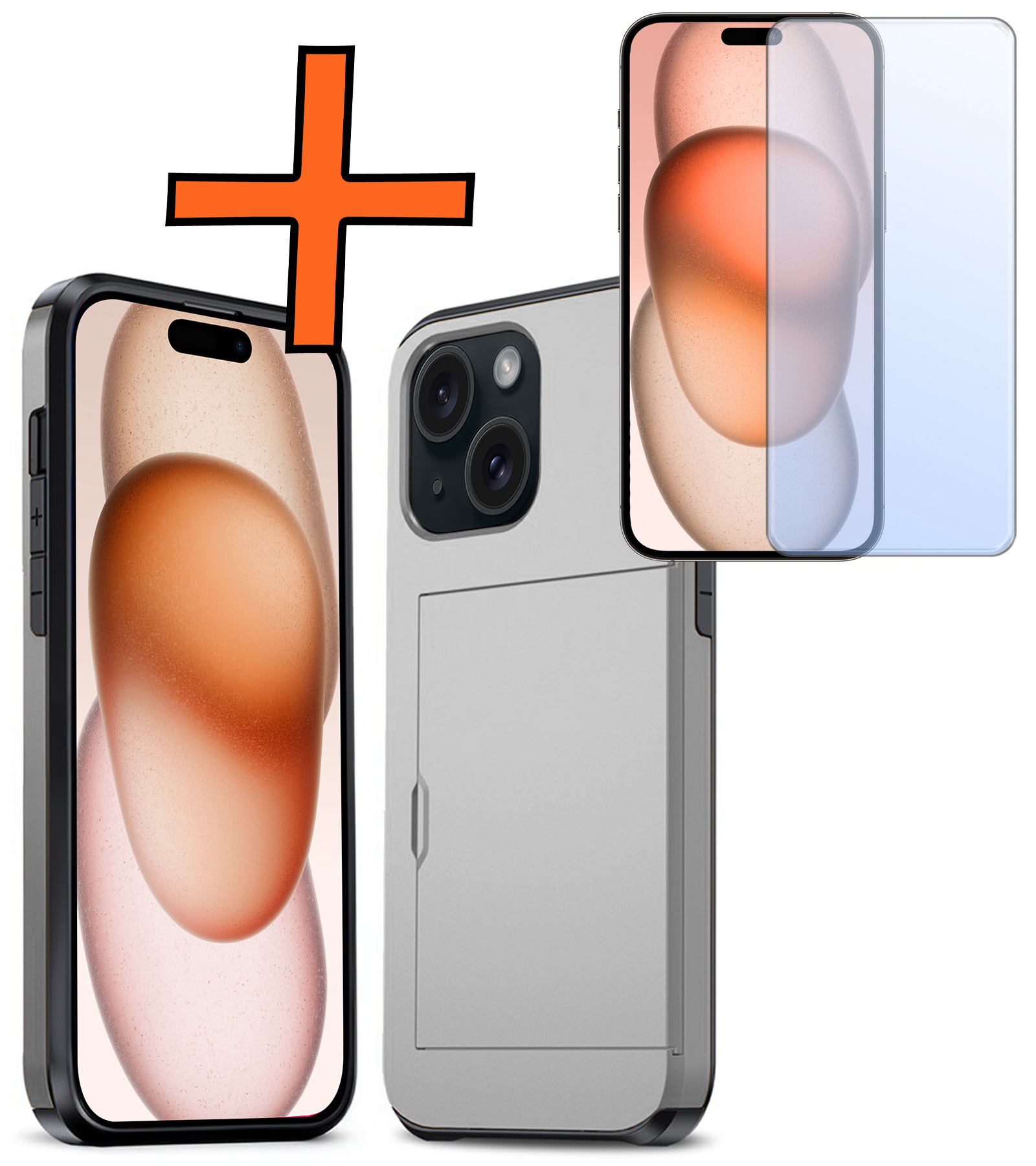 Nomfy Hoesje Geschikt voor iPhone 15 Plus Hoesje Pasjeshouder Shockproof Hard Case Met Screenprotector - Hoesje Geschikt voor iPhone 15 Plus Hoes Met Kaarthouder - Grijs