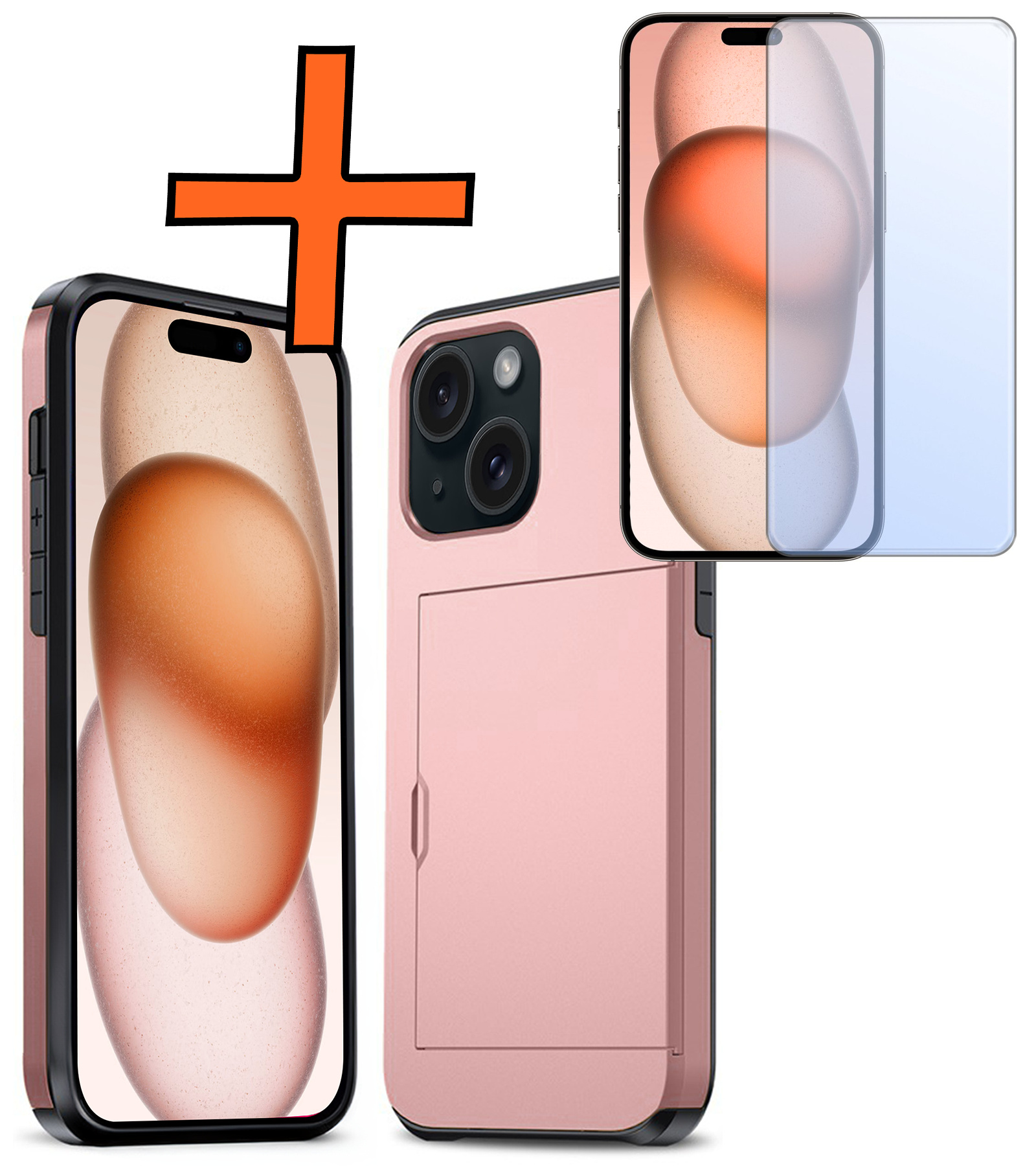Nomfy Hoesje Geschikt voor iPhone 15 Plus Hoesje Pasjeshouder Shockproof Hard Case Met Screenprotector - Hoesje Geschikt voor iPhone 15 Plus Hoes Met Kaarthouder - Rosé Goud