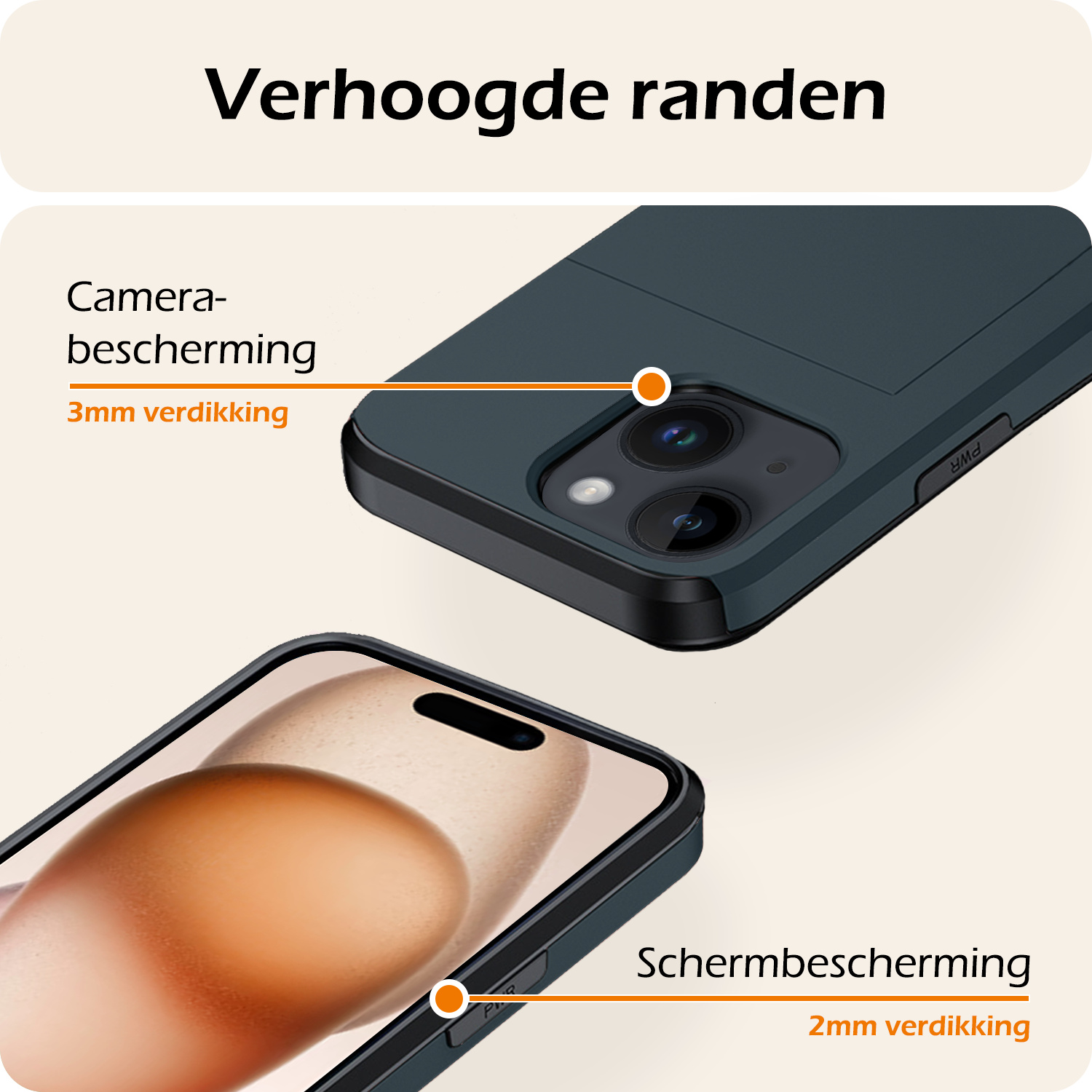 Nomfy Hoesje Geschikt voor iPhone 15 Plus Hoesje Pasjeshouder Shockproof Hard Case Met 2x Screenprotector - Hoesje Geschikt voor iPhone 15 Plus Hoes Met Kaarthouder - Donker Blauw