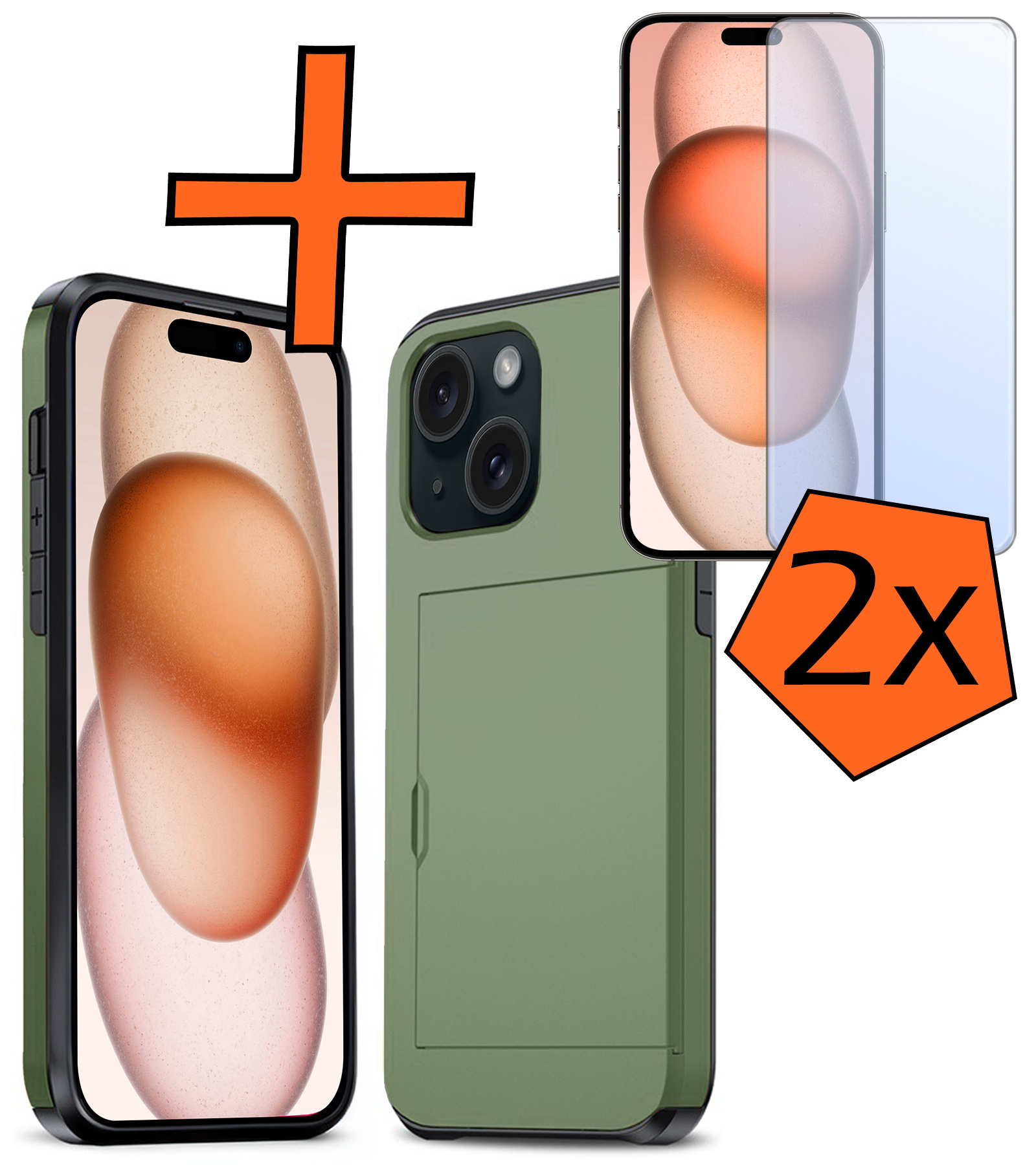 Nomfy Hoesje Geschikt voor iPhone 15 Plus Hoesje Pasjeshouder Shockproof Hard Case Met 2x Screenprotector - Hoesje Geschikt voor iPhone 15 Plus Hoes Met Kaarthouder - Donker Groen