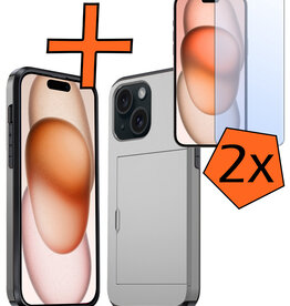 Nomfy Nomfy iPhone 15 Plus Hoesje Pashouder Hard Met 2x Screenprotector - Grijs