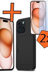 Nomfy Hoesje Geschikt voor iPhone 15 Plus Hoesje Pasjeshouder Shockproof Hard Case Met 2x Screenprotector - Hoesje Geschikt voor iPhone 15 Plus Hoes Met Kaarthouder - Zwart