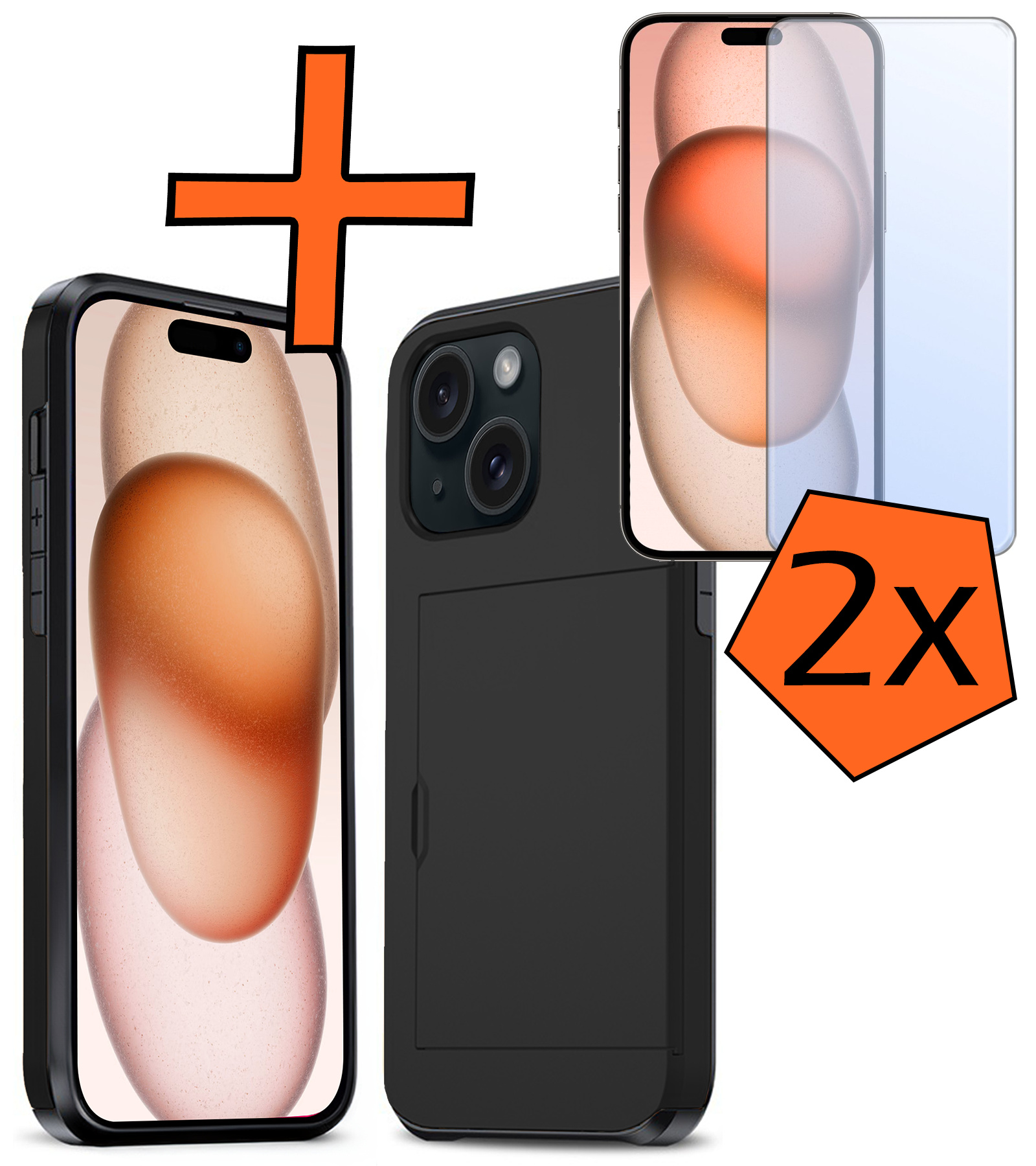 Nomfy Hoesje Geschikt voor iPhone 15 Plus Hoesje Pasjeshouder Shockproof Hard Case Met 2x Screenprotector - Hoesje Geschikt voor iPhone 15 Plus Hoes Met Kaarthouder - Zwart