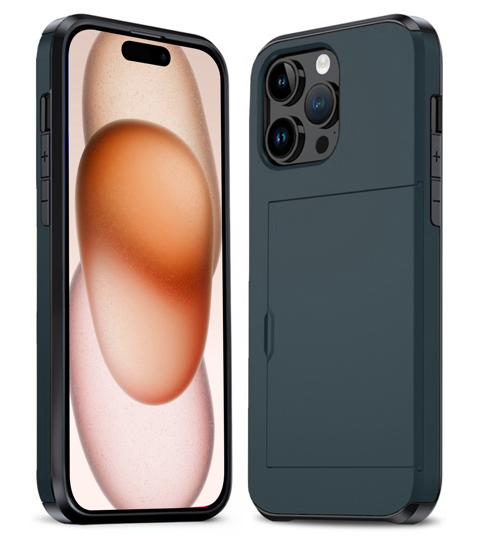 Nomfy Hoesje Geschikt voor iPhone 15 Pro Hoesje Pasjeshouder Shockproof Hard Case - Hoesje Geschikt voor iPhone 15 Pro Hoes Met Kaarthouder - Donker Blauw