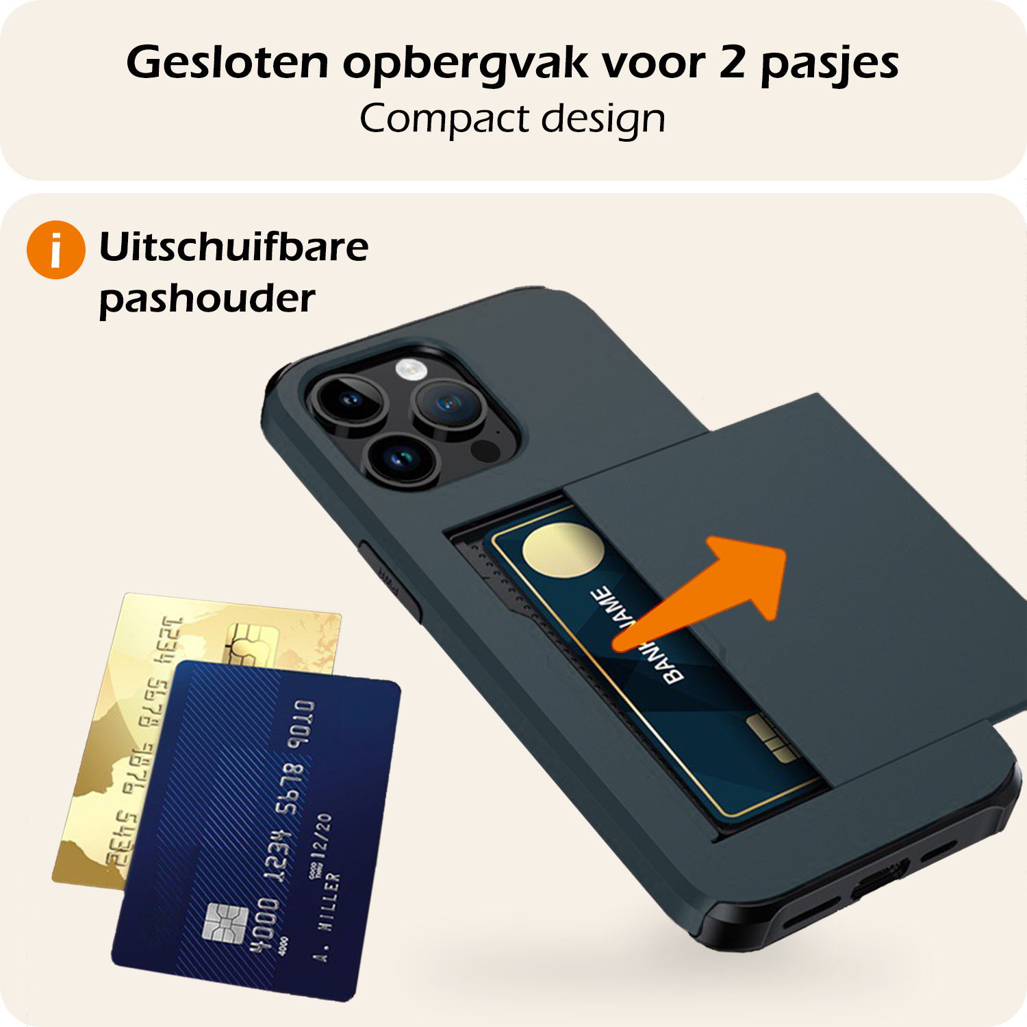 Nomfy Hoesje Geschikt voor iPhone 15 Pro Hoesje Pasjeshouder Shockproof Hard Case - Hoesje Geschikt voor iPhone 15 Pro Hoes Met Kaarthouder - Donker Blauw