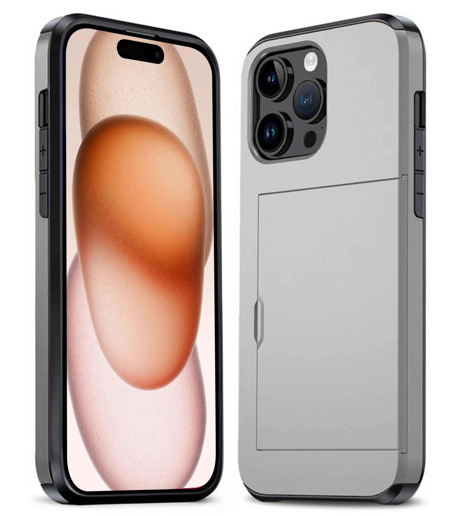 Nomfy Hoesje Geschikt voor iPhone 15 Pro Hoesje Pasjeshouder Shockproof Hard Case - Hoesje Geschikt voor iPhone 15 Pro Hoes Met Kaarthouder - Grijs