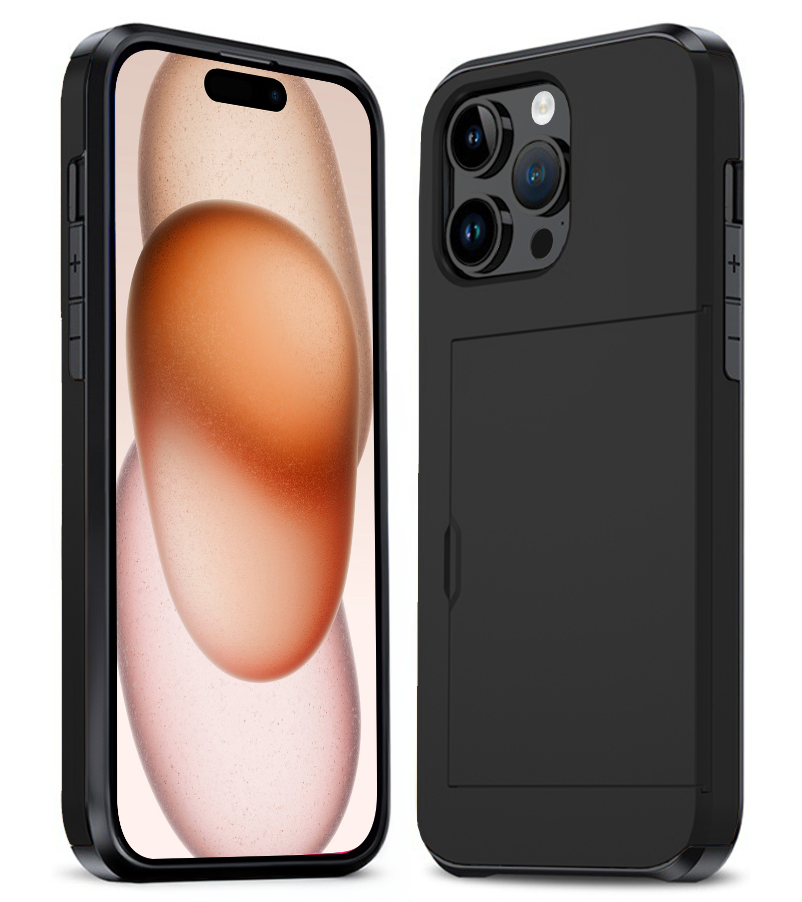 Nomfy Hoesje Geschikt voor iPhone 15 Pro Hoesje Pasjeshouder Shockproof Hard Case - Hoesje Geschikt voor iPhone 15 Pro Hoes Met Kaarthouder - Zwart