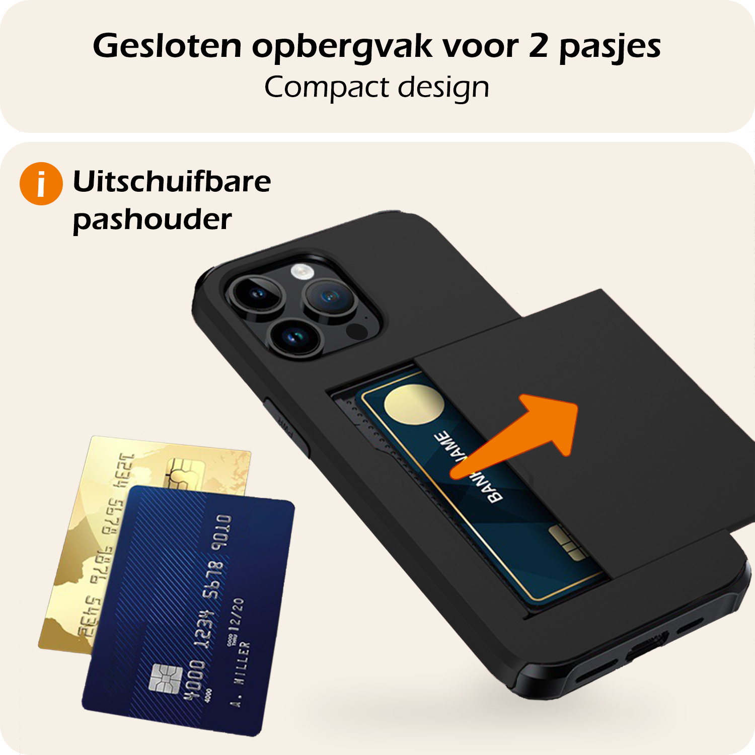 Nomfy Hoesje Geschikt voor iPhone 15 Pro Hoesje Pasjeshouder Shockproof Hard Case - Hoesje Geschikt voor iPhone 15 Pro Hoes Met Kaarthouder - Zwart