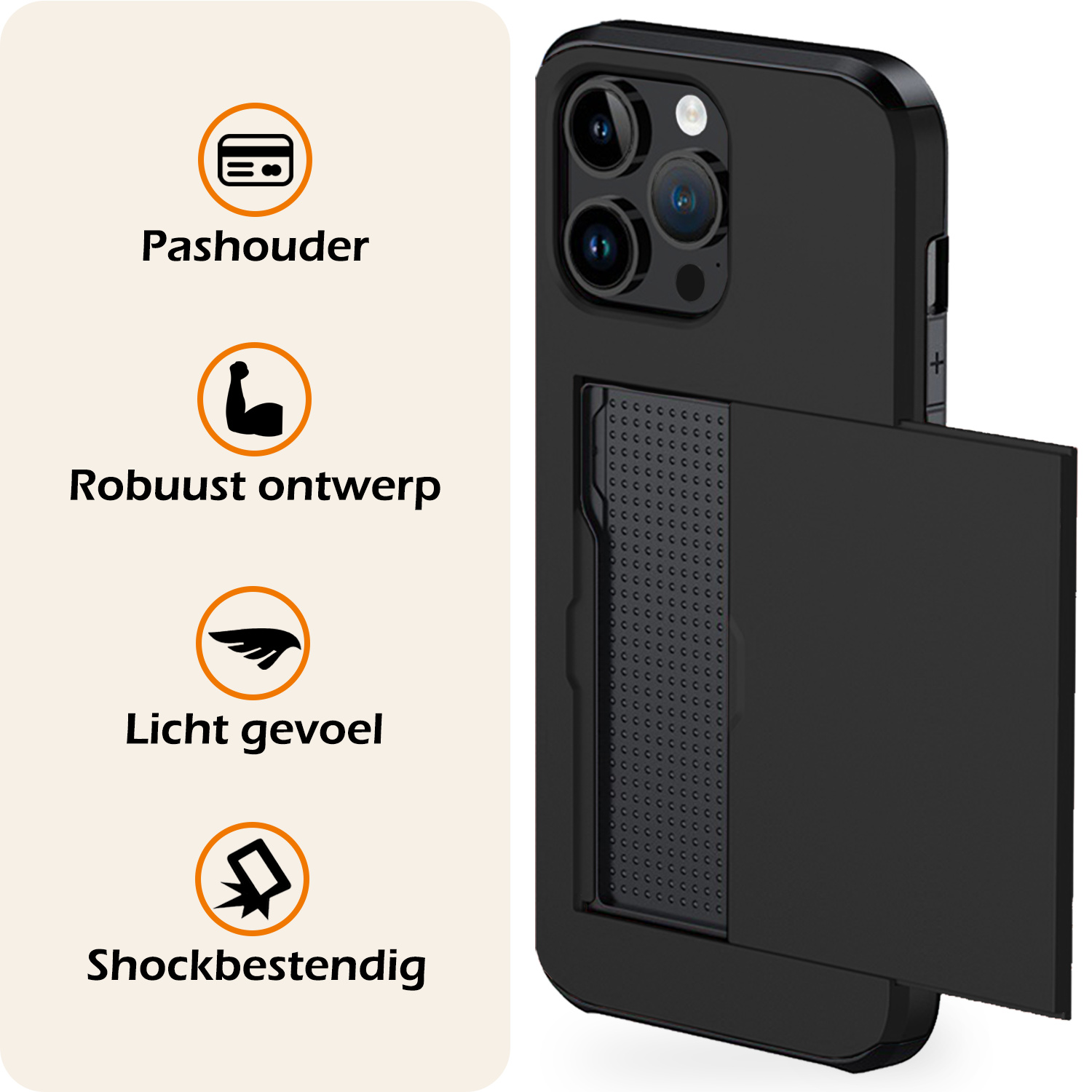 Nomfy Hoesje Geschikt voor iPhone 15 Pro Hoesje Pasjeshouder Shockproof Hard Case - Hoesje Geschikt voor iPhone 15 Pro Hoes Met Kaarthouder - Zwart