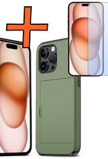 Nomfy Hoesje Geschikt voor iPhone 15 Pro Hoesje Pasjeshouder Shockproof Hard Case Met Screenprotector - Hoesje Geschikt voor iPhone 15 Pro Hoes Met Kaarthouder - Donker Groen