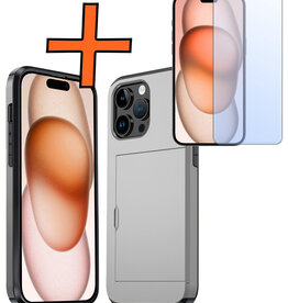 Nomfy Nomfy iPhone 15 Pro Hoesje Pashouder Hard Met Screenprotector - Grijs