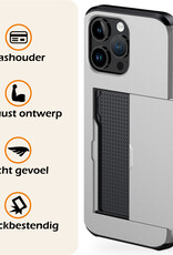 Nomfy Hoesje Geschikt voor iPhone 15 Pro Hoesje Pasjeshouder Shockproof Hard Case Met Screenprotector - Hoesje Geschikt voor iPhone 15 Pro Hoes Met Kaarthouder - Grijs