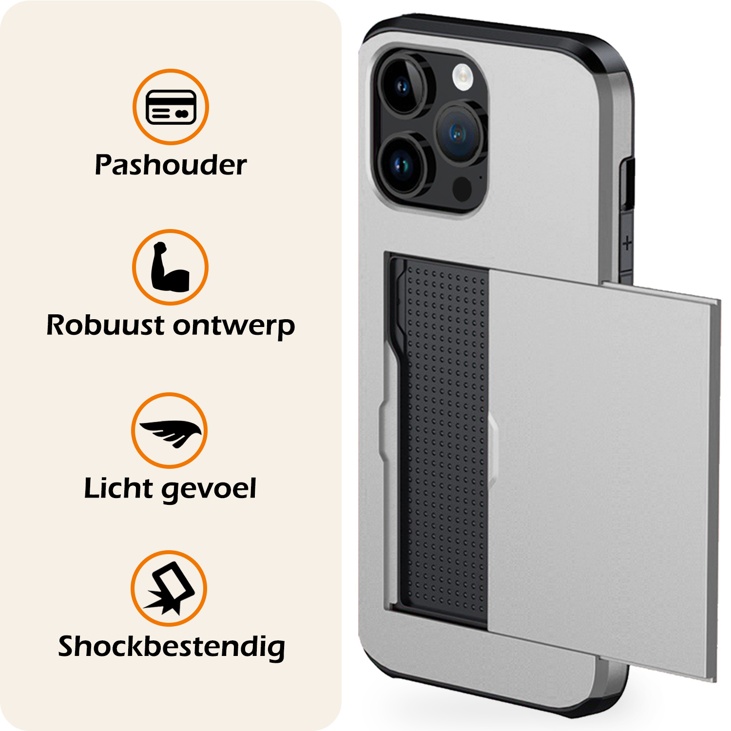 Nomfy Hoesje Geschikt voor iPhone 15 Pro Hoesje Pasjeshouder Shockproof Hard Case Met Screenprotector - Hoesje Geschikt voor iPhone 15 Pro Hoes Met Kaarthouder - Grijs
