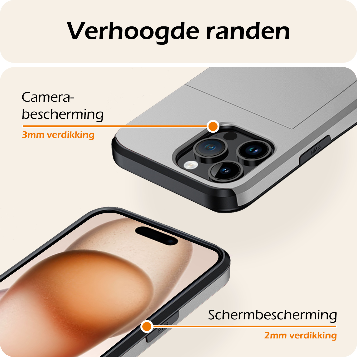 Nomfy Hoesje Geschikt voor iPhone 15 Pro Hoesje Pasjeshouder Shockproof Hard Case Met Screenprotector - Hoesje Geschikt voor iPhone 15 Pro Hoes Met Kaarthouder - Grijs