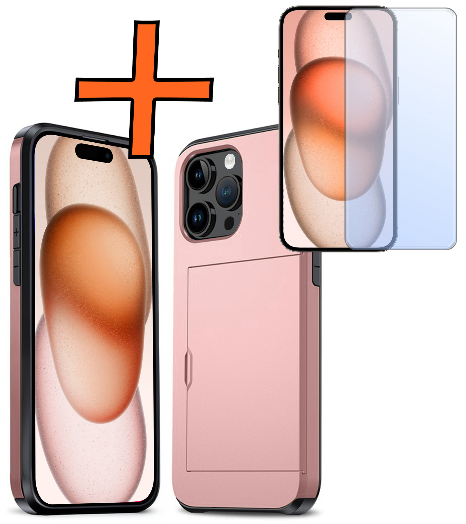 Nomfy Hoesje Geschikt voor iPhone 15 Pro Hoesje Pasjeshouder Shockproof Hard Case Met Screenprotector - Hoesje Geschikt voor iPhone 15 Pro Hoes Met Kaarthouder - Rosé Goud