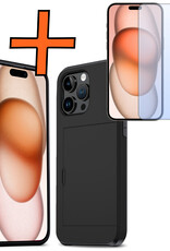 Nomfy Hoesje Geschikt voor iPhone 15 Pro Hoesje Pasjeshouder Shockproof Hard Case Met Screenprotector - Hoesje Geschikt voor iPhone 15 Pro Hoes Met Kaarthouder - Zwart
