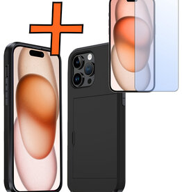 Nomfy Nomfy iPhone 15 Pro Hoesje Pashouder Hard Met Screenprotector - Zwart