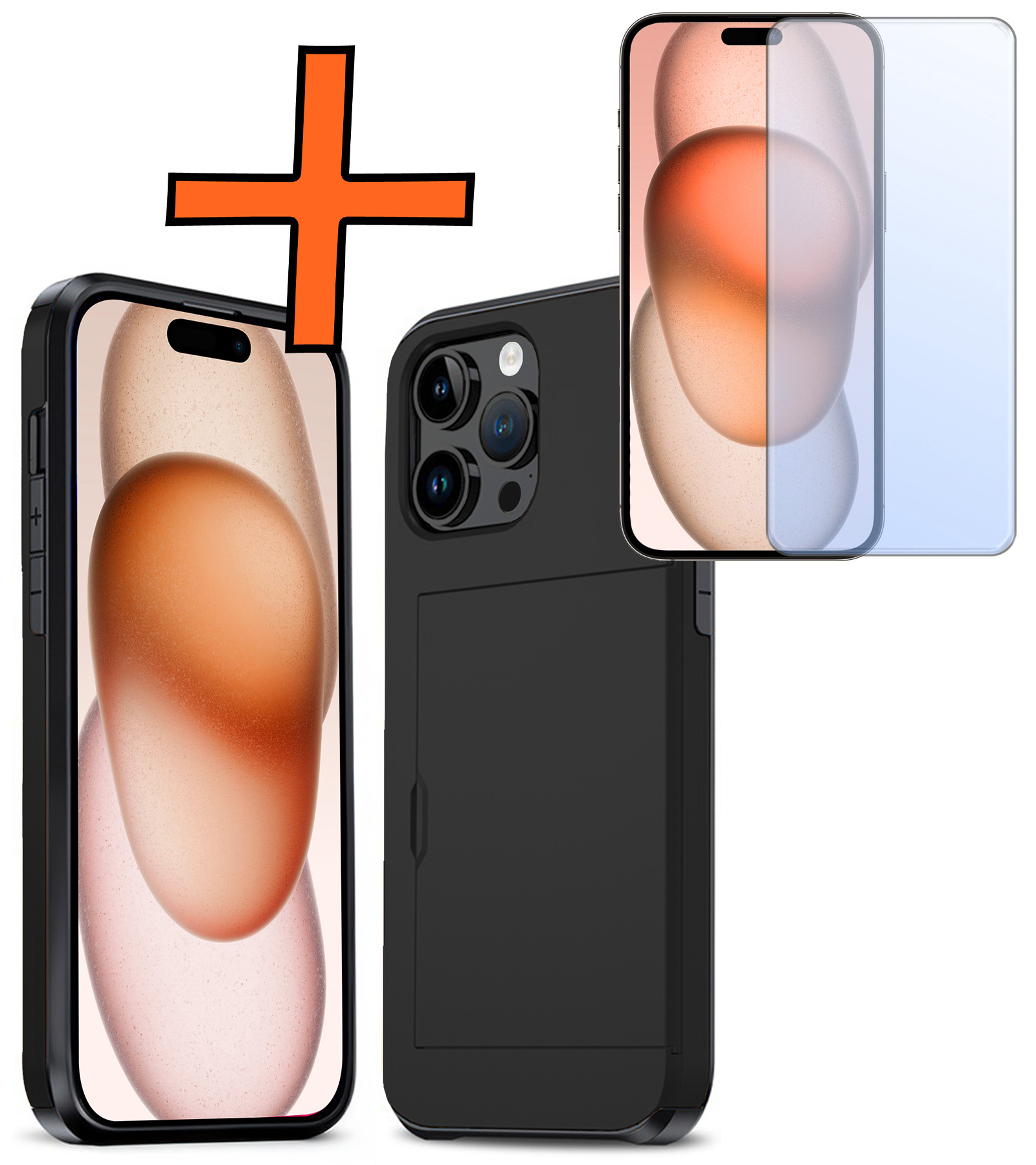 Nomfy Hoesje Geschikt voor iPhone 15 Pro Hoesje Pasjeshouder Shockproof Hard Case Met Screenprotector - Hoesje Geschikt voor iPhone 15 Pro Hoes Met Kaarthouder - Zwart
