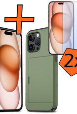 Nomfy Hoesje Geschikt voor iPhone 15 Pro Hoesje Pasjeshouder Shockproof Hard Case Met 2x Screenprotector - Hoesje Geschikt voor iPhone 15 Pro Hoes Met Kaarthouder - Donker Groen