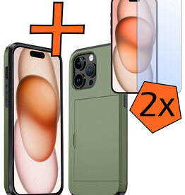 Nomfy Nomfy iPhone 15 Pro Hoesje Pashouder Hard Met 2x Screenprotector - Donker Groen
