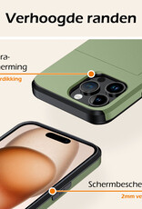 Nomfy Hoesje Geschikt voor iPhone 15 Pro Hoesje Pasjeshouder Shockproof Hard Case Met 2x Screenprotector - Hoesje Geschikt voor iPhone 15 Pro Hoes Met Kaarthouder - Donker Groen