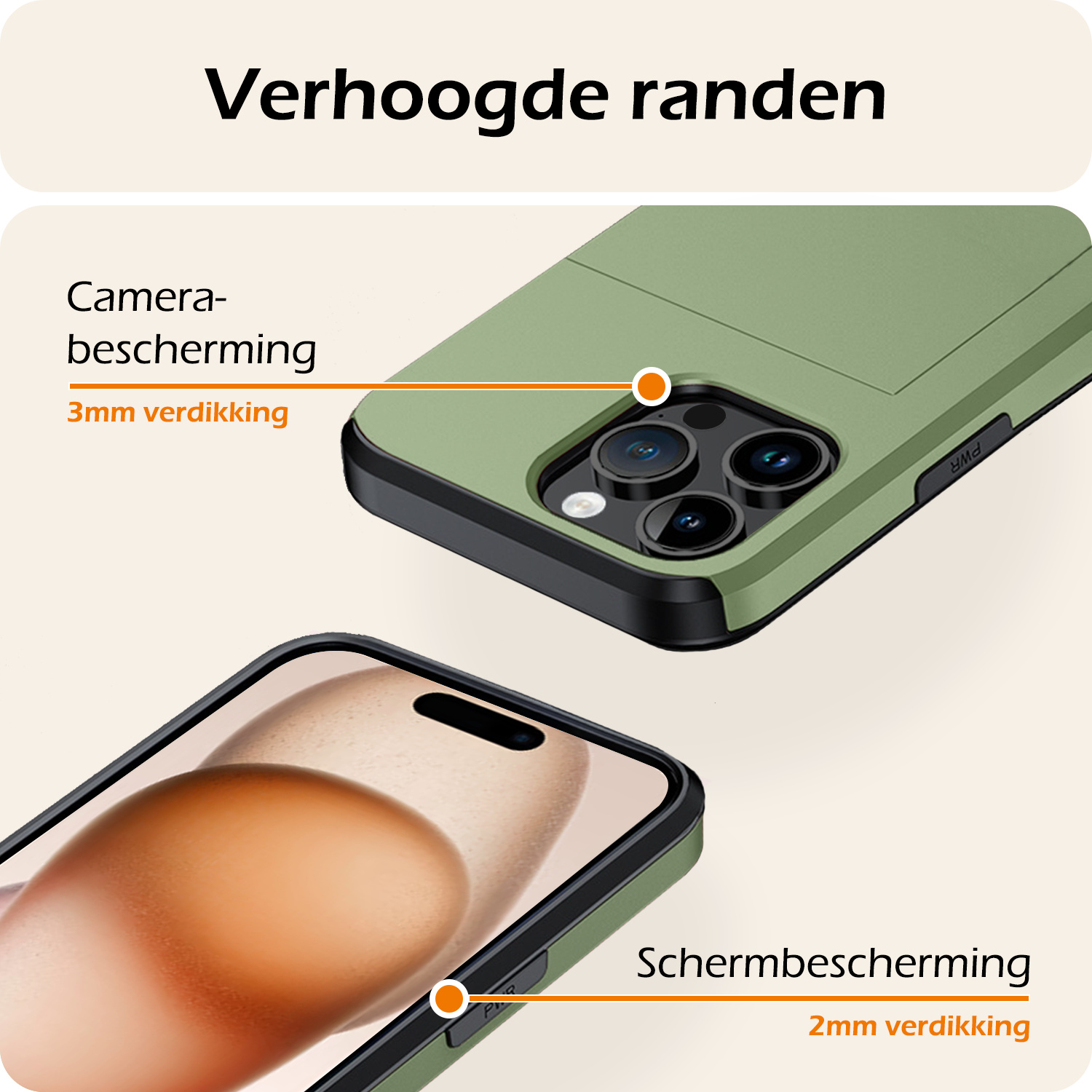 Nomfy Hoesje Geschikt voor iPhone 15 Pro Hoesje Pasjeshouder Shockproof Hard Case Met 2x Screenprotector - Hoesje Geschikt voor iPhone 15 Pro Hoes Met Kaarthouder - Donker Groen