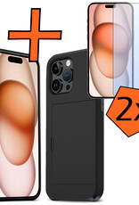 Nomfy Hoesje Geschikt voor iPhone 15 Pro Hoesje Pasjeshouder Shockproof Hard Case Met 2x Screenprotector - Hoesje Geschikt voor iPhone 15 Pro Hoes Met Kaarthouder - Zwart
