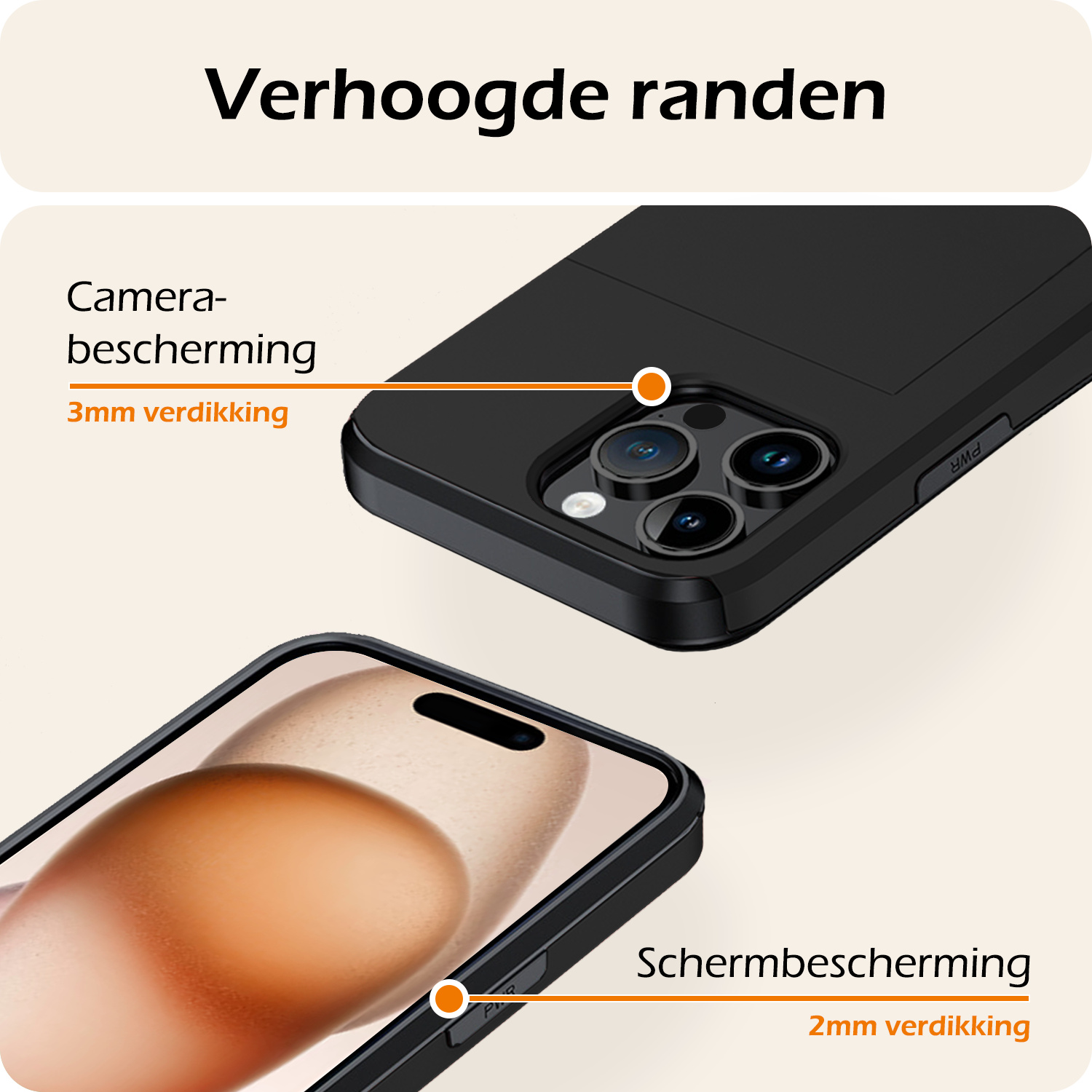 Nomfy Hoesje Geschikt voor iPhone 15 Pro Hoesje Pasjeshouder Shockproof Hard Case Met 2x Screenprotector - Hoesje Geschikt voor iPhone 15 Pro Hoes Met Kaarthouder - Zwart