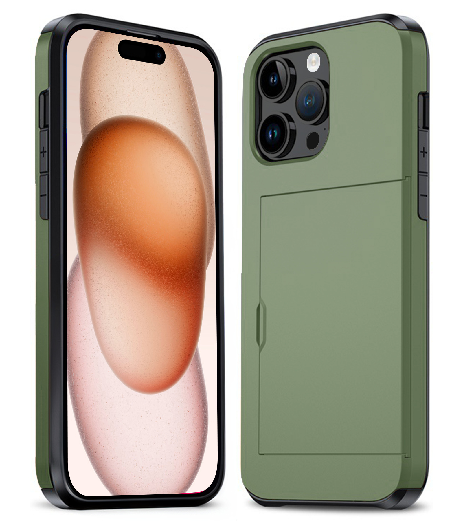 Nomfy Hoesje Geschikt voor iPhone 15 Pro Max Hoesje Pasjeshouder Shockproof Hard Case - Hoesje Geschikt voor iPhone 15 Pro Max Hoes Met Kaarthouder - Donker Groen