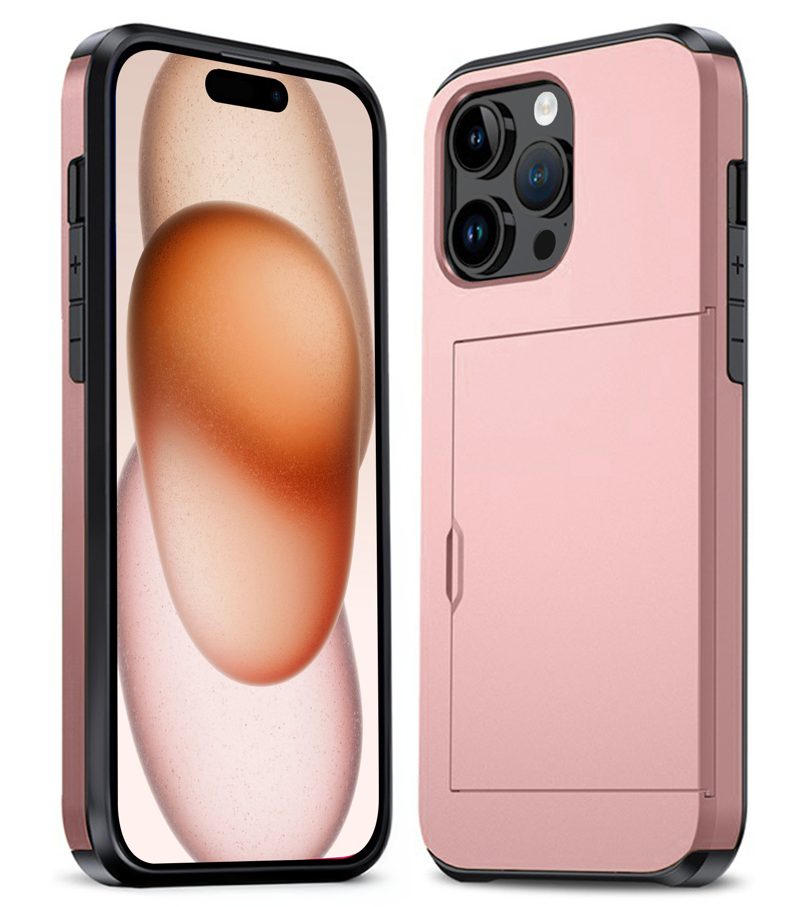 Nomfy Hoesje Geschikt voor iPhone 15 Pro Max Hoesje Pasjeshouder Shockproof Hard Case - Hoesje Geschikt voor iPhone 15 Pro Max Hoes Met Kaarthouder - Rosé Goud