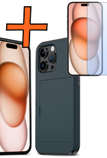 Nomfy Hoesje Geschikt voor iPhone 15 Pro Max Hoesje Pasjeshouder Shockproof Hard Case Met Screenprotector - Hoesje Geschikt voor iPhone 15 Pro Max Hoes Met Kaarthouder - Donker Blauw