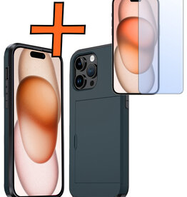 Nomfy Nomfy iPhone 15 Pro Max Hoesje Pashouder Hard Met Screenprotector - Donker Blauw