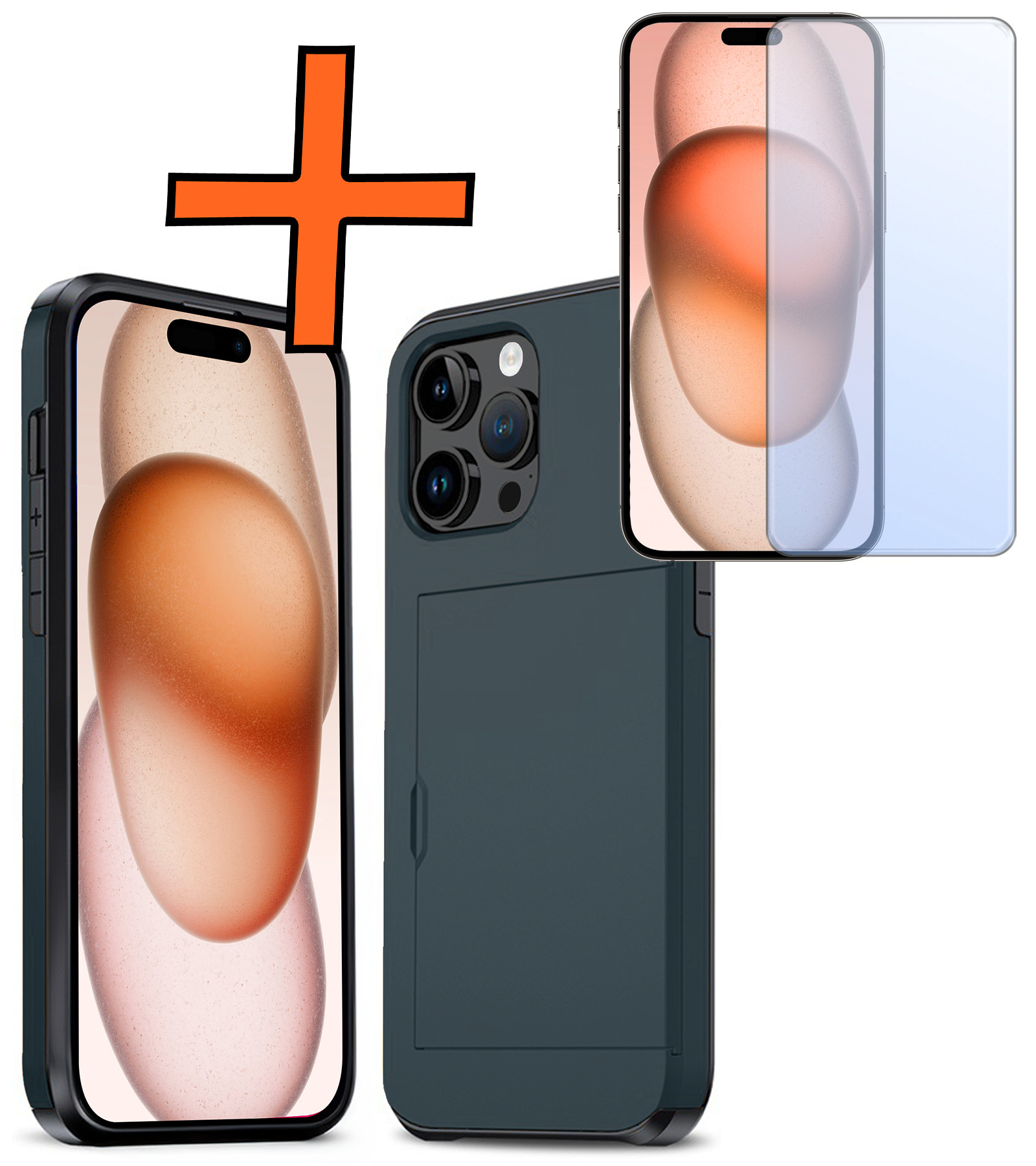 Nomfy Hoesje Geschikt voor iPhone 15 Pro Max Hoesje Pasjeshouder Shockproof Hard Case Met Screenprotector - Hoesje Geschikt voor iPhone 15 Pro Max Hoes Met Kaarthouder - Donker Blauw