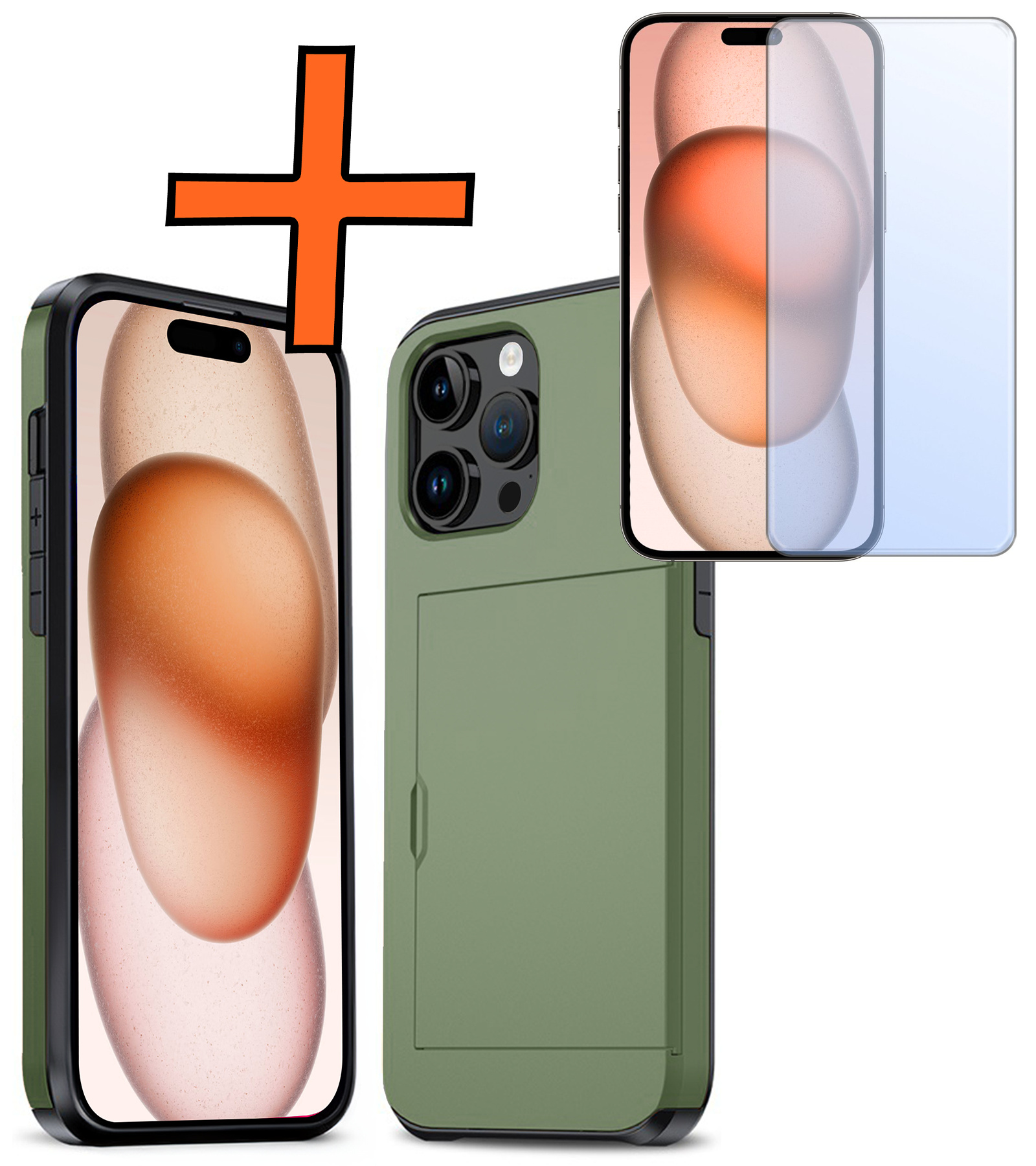 Nomfy Hoesje Geschikt voor iPhone 15 Pro Max Hoesje Pasjeshouder Shockproof Hard Case Met Screenprotector - Hoesje Geschikt voor iPhone 15 Pro Max Hoes Met Kaarthouder - Donker Groen