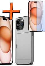 Nomfy Hoesje Geschikt voor iPhone 15 Pro Max Hoesje Pasjeshouder Shockproof Hard Case Met Screenprotector - Hoesje Geschikt voor iPhone 15 Pro Max Hoes Met Kaarthouder - Grijs