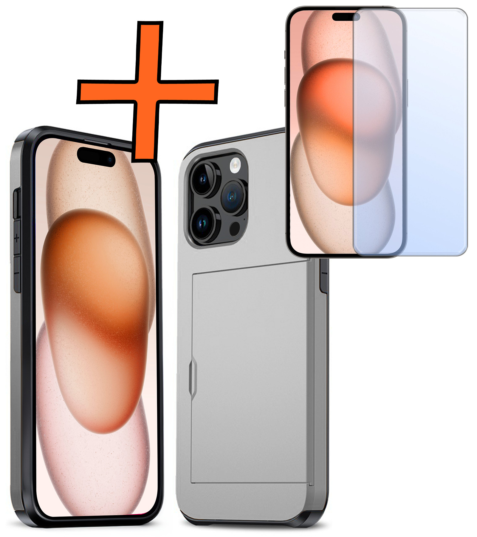 Nomfy Hoesje Geschikt voor iPhone 15 Pro Max Hoesje Pasjeshouder Shockproof Hard Case Met Screenprotector - Hoesje Geschikt voor iPhone 15 Pro Max Hoes Met Kaarthouder - Grijs