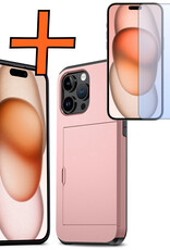 Nomfy Hoesje Geschikt voor iPhone 15 Pro Max Hoesje Pasjeshouder Shockproof Hard Case Met Screenprotector - Hoesje Geschikt voor iPhone 15 Pro Max Hoes Met Kaarthouder - Rosé Goud
