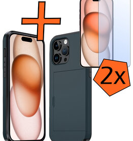 Nomfy Nomfy iPhone 15 Pro Max Hoesje Pashouder Hard Met 2x Screenprotector - Donker Blauw