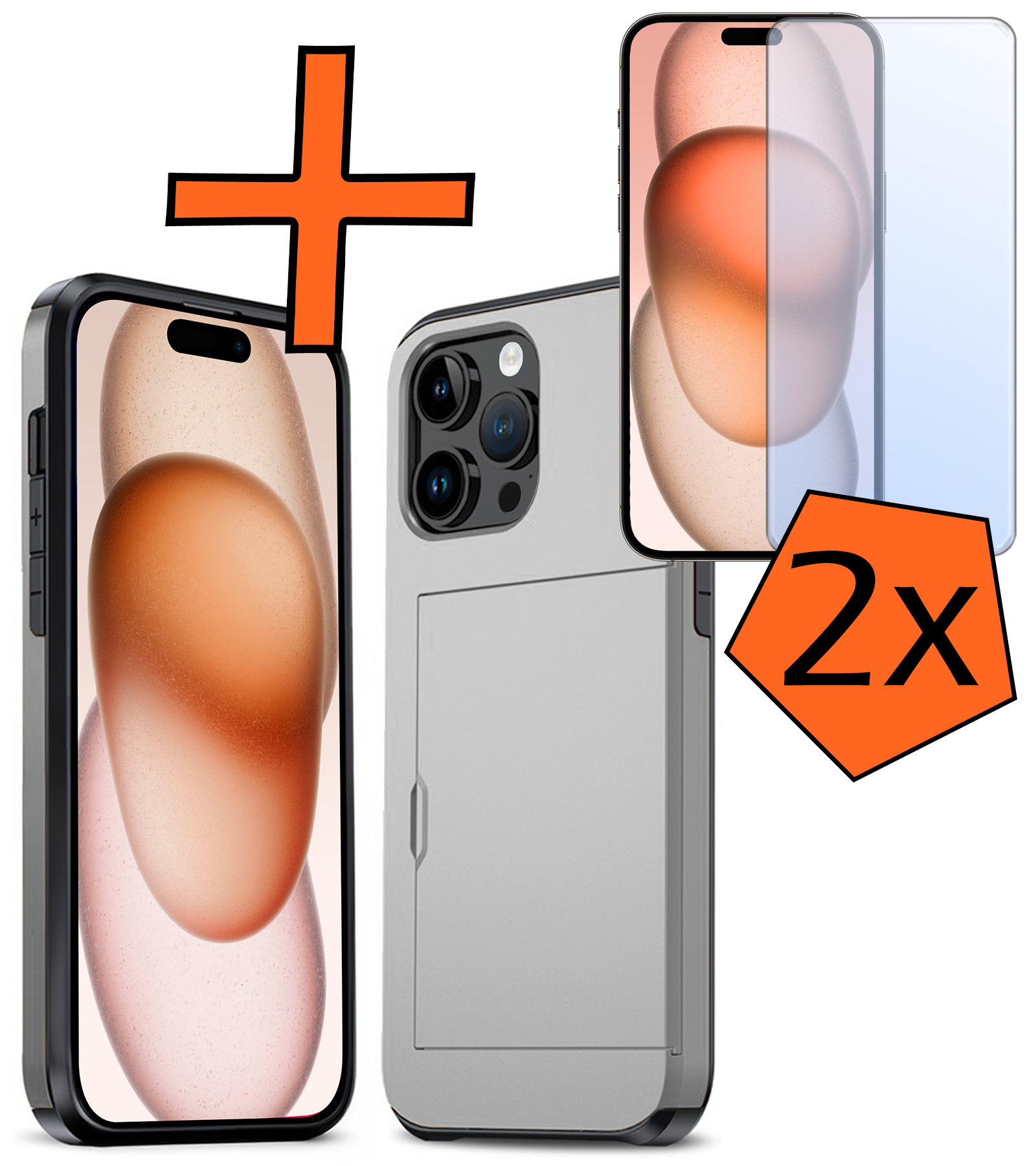 Nomfy Hoesje Geschikt voor iPhone 15 Pro Max Hoesje Pasjeshouder Shockproof Hard Case Met 2x Screenprotector - Hoesje Geschikt voor iPhone 15 Pro Max Hoes Met Kaarthouder - Grijs