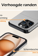 Nomfy Hoesje Geschikt voor iPhone 15 Pro Max Hoesje Pasjeshouder Shockproof Hard Case Met 2x Screenprotector - Hoesje Geschikt voor iPhone 15 Pro Max Hoes Met Kaarthouder - Grijs