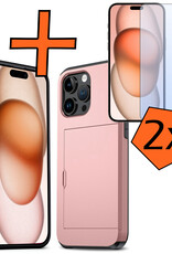 Nomfy Hoesje Geschikt voor iPhone 15 Pro Max Hoesje Pasjeshouder Shockproof Hard Case Met 2x Screenprotector - Hoesje Geschikt voor iPhone 15 Pro Max Hoes Met Kaarthouder - Rosé Goud