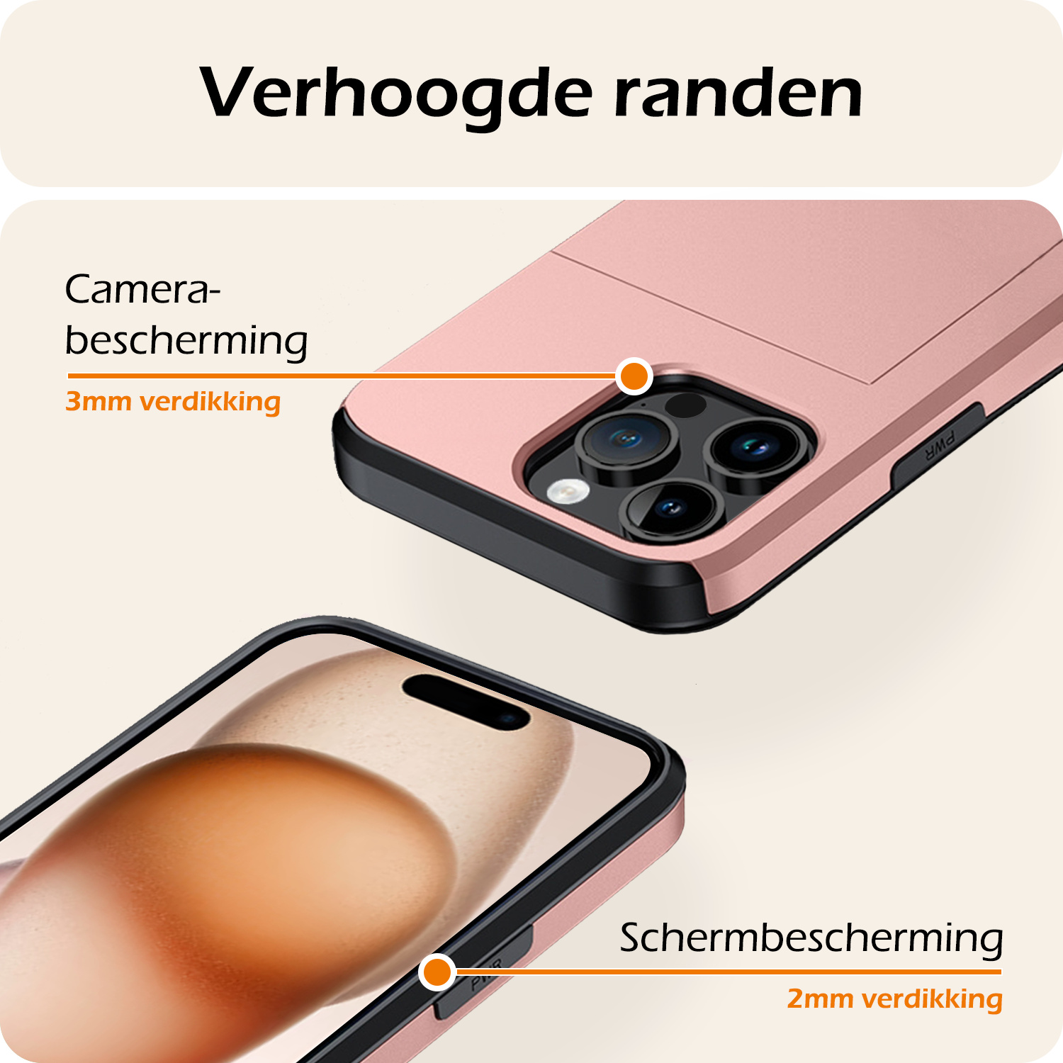 Nomfy Hoesje Geschikt voor iPhone 15 Pro Max Hoesje Pasjeshouder Shockproof Hard Case Met 2x Screenprotector - Hoesje Geschikt voor iPhone 15 Pro Max Hoes Met Kaarthouder - Rosé Goud