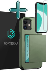 Forterra Hoesje Geschikt voor iPhone 11 Pashouder Hard Case Hoes Met Screenprotector - Hoes Geschikt voor iPhone 11 Hoesje Back Cover Met Pasjeshouder - Donker Groen