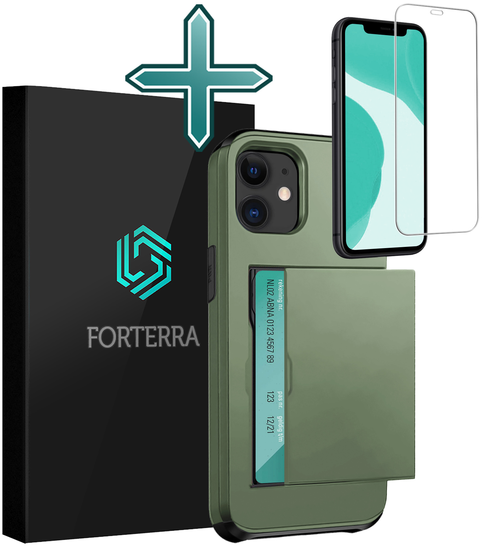 Forterra Hoesje Geschikt voor iPhone 11 Pashouder Hard Case Hoes Met Screenprotector - Hoes Geschikt voor iPhone 11 Hoesje Back Cover Met Pasjeshouder - Donker Groen