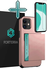 Forterra Hoesje Geschikt voor iPhone 11 Pashouder Hard Case Hoes Met Screenprotector - Hoes Geschikt voor iPhone 11 Hoesje Back Cover Met Pasjeshouder - Rosé Goud