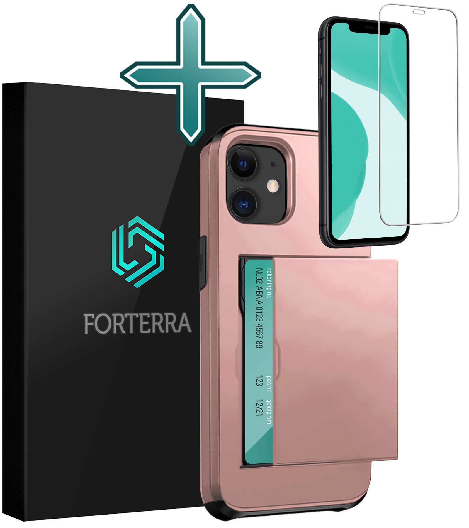 Forterra Hoesje Geschikt voor iPhone 11 Pashouder Hard Case Hoes Met Screenprotector - Hoes Geschikt voor iPhone 11 Hoesje Back Cover Met Pasjeshouder - Rosé Goud