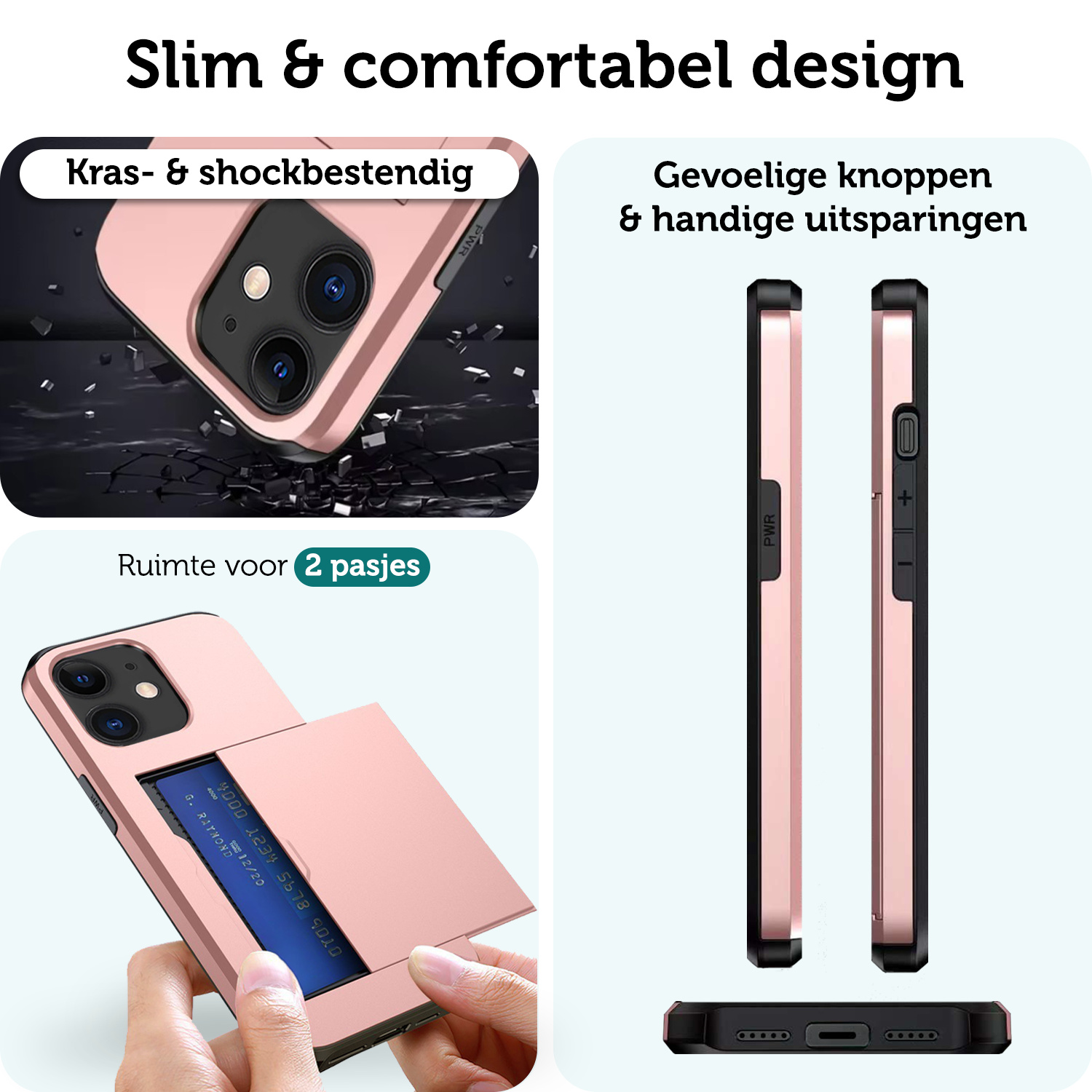 Forterra Hoesje Geschikt voor iPhone 11 Pashouder Hard Case Hoes Met Screenprotector - Hoes Geschikt voor iPhone 11 Hoesje Back Cover Met Pasjeshouder - Rosé Goud