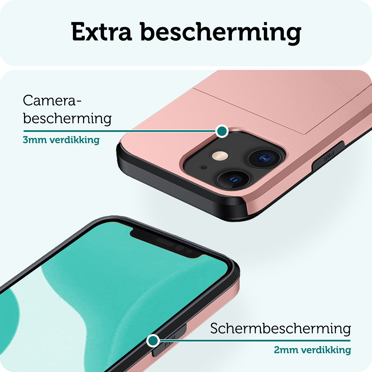 Forterra Hoesje Geschikt voor iPhone 11 Pashouder Hard Case Hoes Met Screenprotector - Hoes Geschikt voor iPhone 11 Hoesje Back Cover Met Pasjeshouder - Rosé Goud