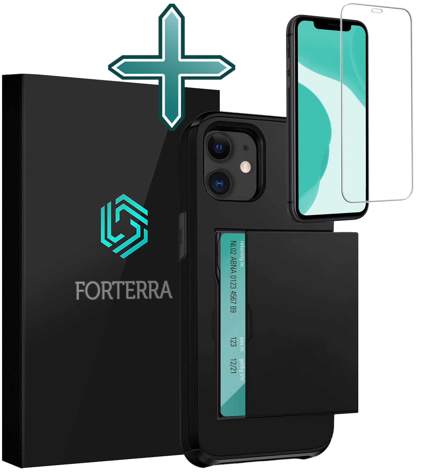 Forterra Hoesje Geschikt voor iPhone 11 Pashouder Hard Case Hoes Met Screenprotector - Hoes Geschikt voor iPhone 11 Hoesje Back Cover Met Pasjeshouder - Zwart