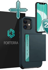 Forterra Hoesje Geschikt voor iPhone 11 Pashouder Hard Case Hoes Met 2x Screenprotector - Hoes Geschikt voor iPhone 11 Hoesje Back Cover Met Pasjeshouder - Donker Blauw